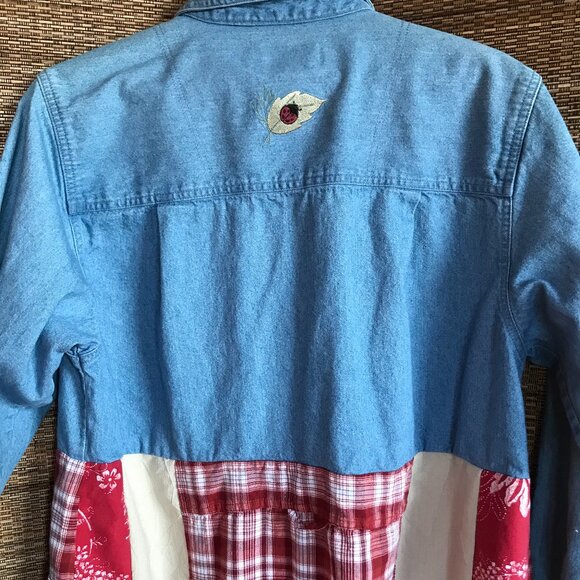Patchwork Duster, Size L: Upcycled Button-Down Boho Jacket Dress, Lady Bugs - Picture 12 of 13